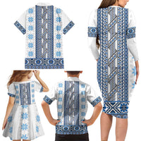 Ukraine Family Matching Long Sleeve Bodycon Dress and Hawaiian Shirt Traditional Braided Rope Belt Blue Folk Pattern