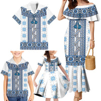 Ukraine Family Matching Mermaid Dress and Hawaiian Shirt Traditional Braided Rope Belt Blue Folk Pattern