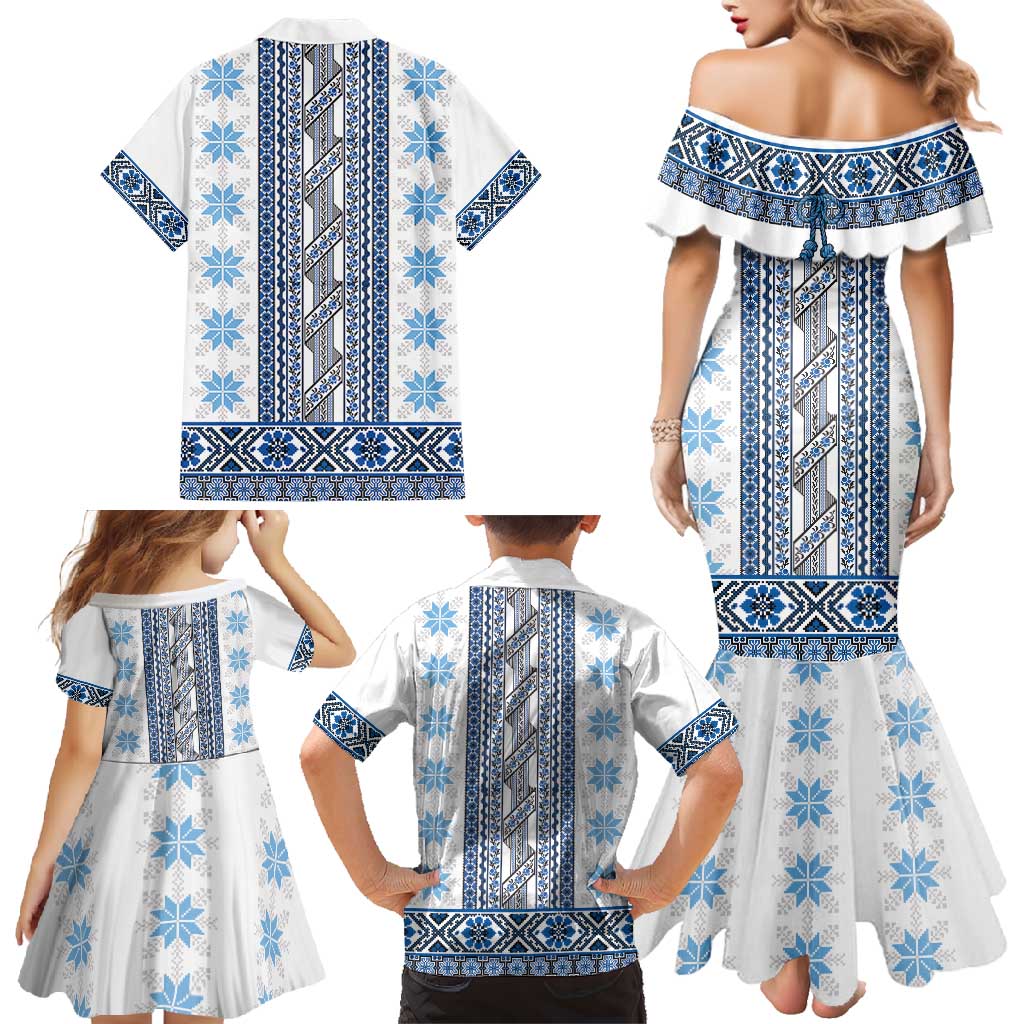 Ukraine Family Matching Mermaid Dress and Hawaiian Shirt Traditional Braided Rope Belt Blue Folk Pattern