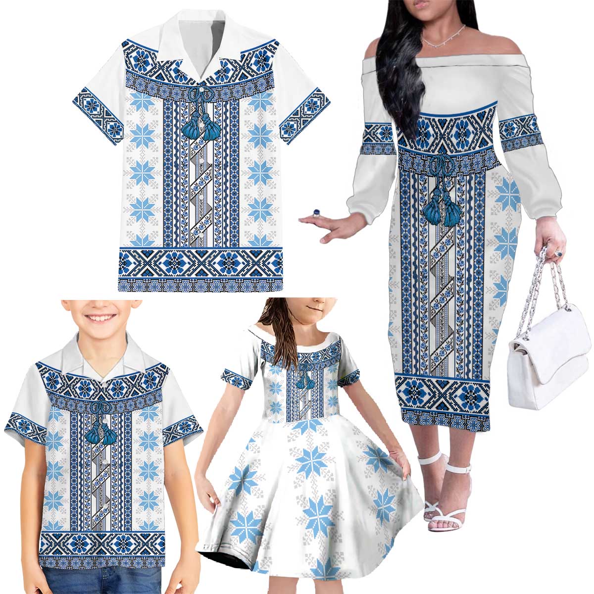 Ukraine Family Matching Off The Shoulder Long Sleeve Dress and Hawaiian Shirt Traditional Braided Rope Belt Blue Folk Pattern