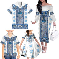 Ukraine Family Matching Off The Shoulder Long Sleeve Dress and Hawaiian Shirt Traditional Braided Rope Belt Blue Folk Pattern