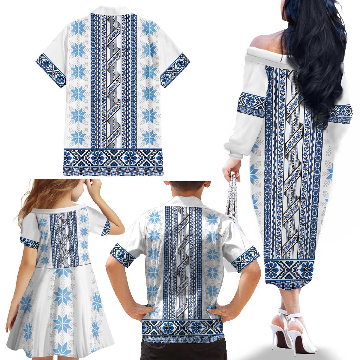 Ukraine Family Matching Off The Shoulder Long Sleeve Dress and Hawaiian Shirt Traditional Braided Rope Belt Blue Folk Pattern