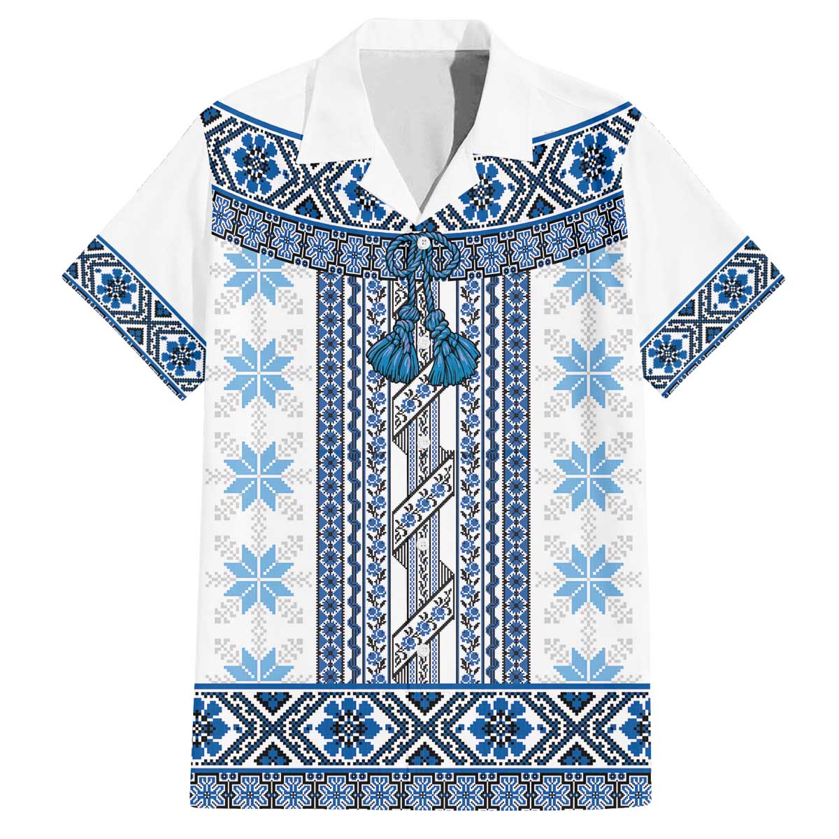 Ukraine Family Matching Off The Shoulder Long Sleeve Dress and Hawaiian Shirt Traditional Braided Rope Belt Blue Folk Pattern