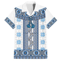 Ukraine Family Matching Off The Shoulder Long Sleeve Dress and Hawaiian Shirt Traditional Braided Rope Belt Blue Folk Pattern