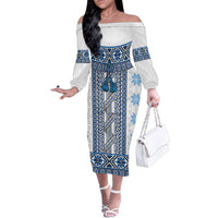 Ukraine Family Matching Off The Shoulder Long Sleeve Dress and Hawaiian Shirt Traditional Braided Rope Belt Blue Folk Pattern