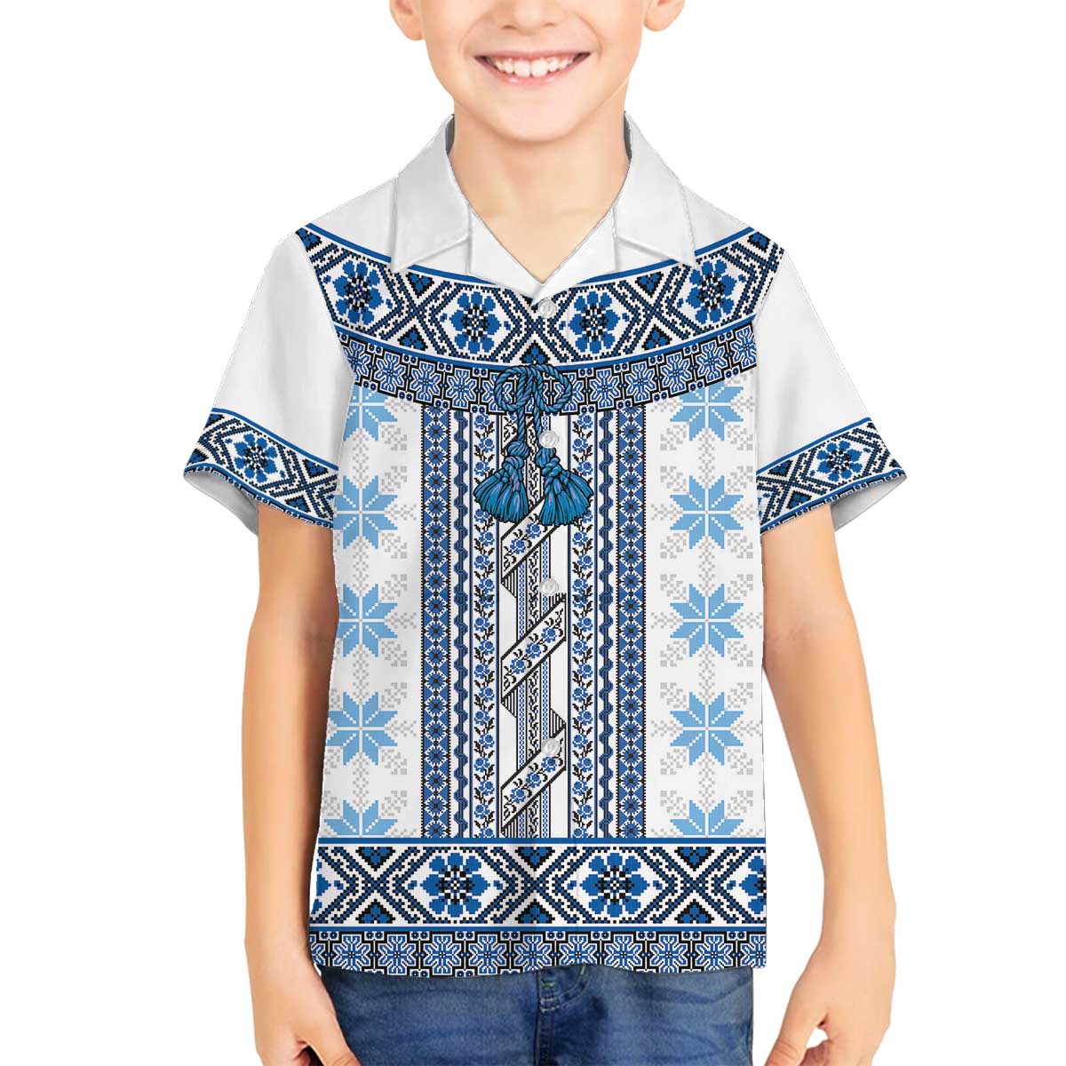 Ukraine Family Matching Off The Shoulder Long Sleeve Dress and Hawaiian Shirt Traditional Braided Rope Belt Blue Folk Pattern