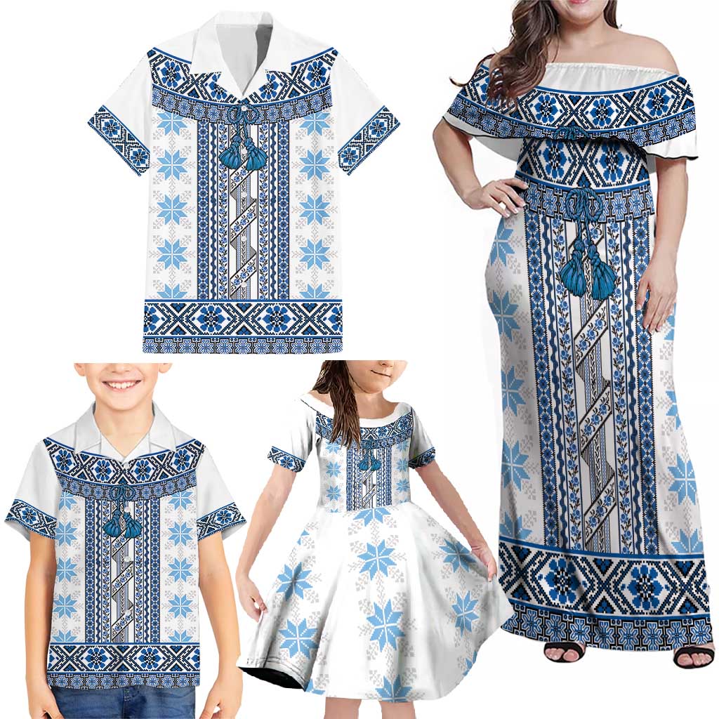Ukraine Family Matching Off Shoulder Maxi Dress and Hawaiian Shirt Traditional Braided Rope Belt Blue Folk Pattern