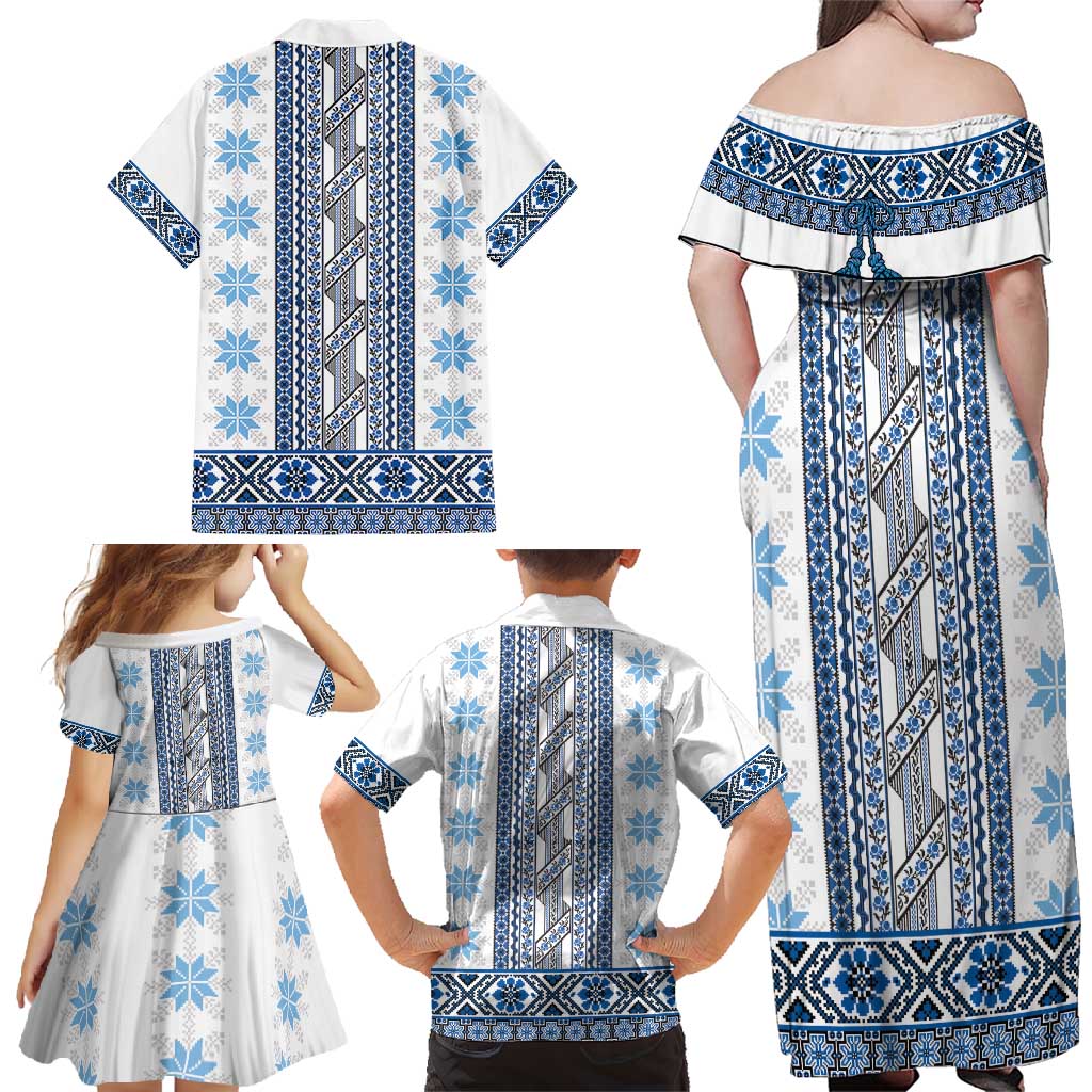 Ukraine Family Matching Off Shoulder Maxi Dress and Hawaiian Shirt Traditional Braided Rope Belt Blue Folk Pattern