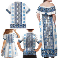 Ukraine Family Matching Off Shoulder Maxi Dress and Hawaiian Shirt Traditional Braided Rope Belt Blue Folk Pattern