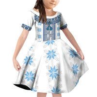 Ukraine Family Matching Off Shoulder Short Dress and Hawaiian Shirt Traditional Braided Rope Belt Blue Folk Pattern