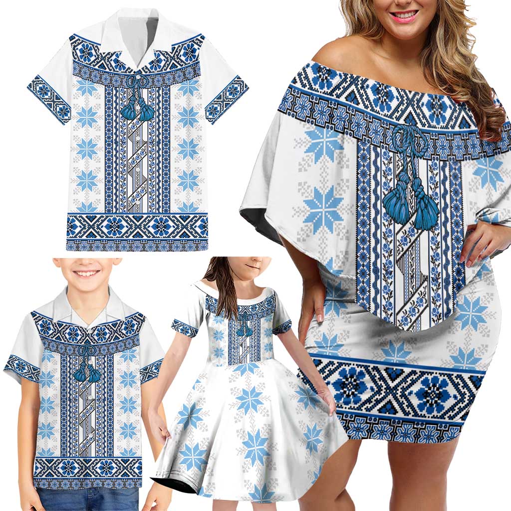 Ukraine Family Matching Off Shoulder Short Dress and Hawaiian Shirt Traditional Braided Rope Belt Blue Folk Pattern