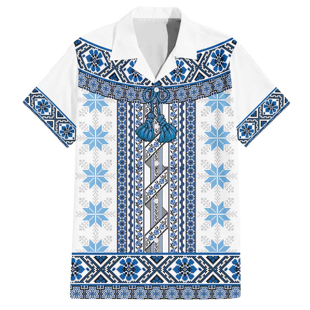 Ukraine Family Matching Off Shoulder Short Dress and Hawaiian Shirt Traditional Braided Rope Belt Blue Folk Pattern