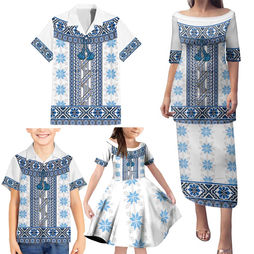 Ukraine Family Matching Puletasi and Hawaiian Shirt Traditional Braided Rope Belt Blue Folk Pattern