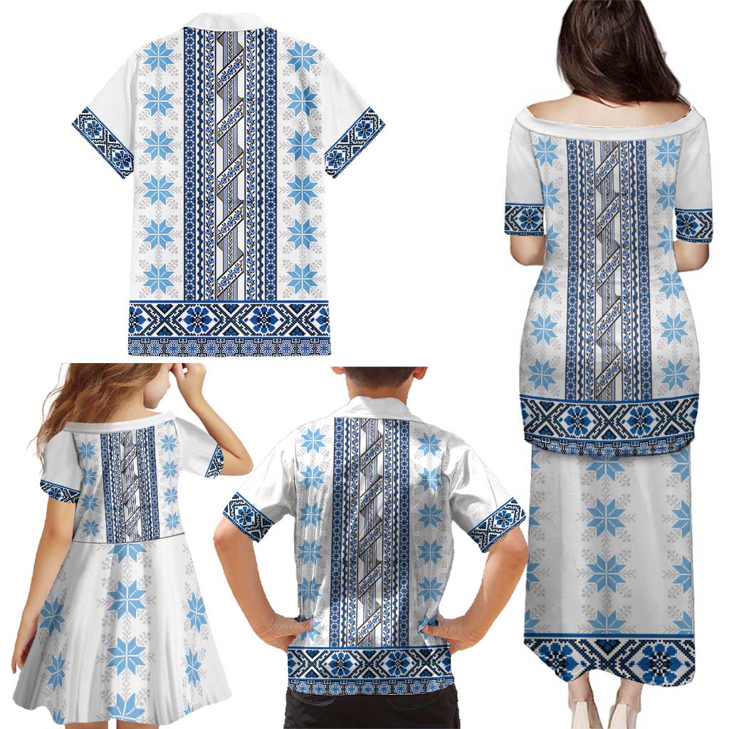Ukraine Family Matching Puletasi and Hawaiian Shirt Traditional Braided Rope Belt Blue Folk Pattern
