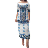 Ukraine Family Matching Puletasi and Hawaiian Shirt Traditional Braided Rope Belt Blue Folk Pattern