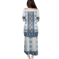 Ukraine Family Matching Puletasi and Hawaiian Shirt Traditional Braided Rope Belt Blue Folk Pattern