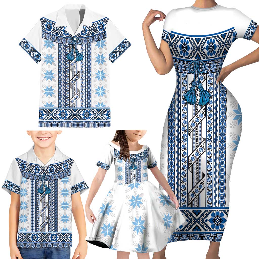 Ukraine Family Matching Short Sleeve Bodycon Dress and Hawaiian Shirt Traditional Braided Rope Belt Blue Folk Pattern