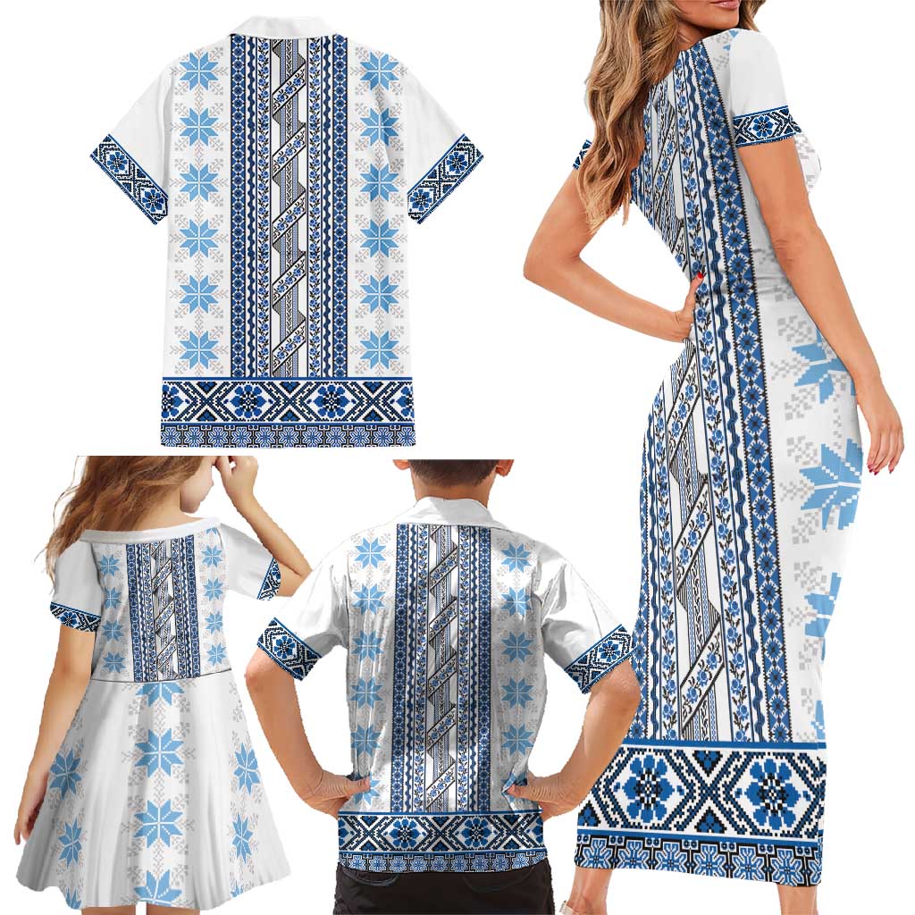 Ukraine Family Matching Short Sleeve Bodycon Dress and Hawaiian Shirt Traditional Braided Rope Belt Blue Folk Pattern