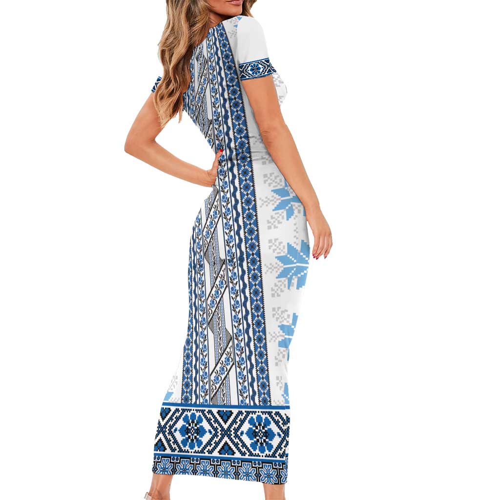 Ukraine Family Matching Short Sleeve Bodycon Dress and Hawaiian Shirt Traditional Braided Rope Belt Blue Folk Pattern