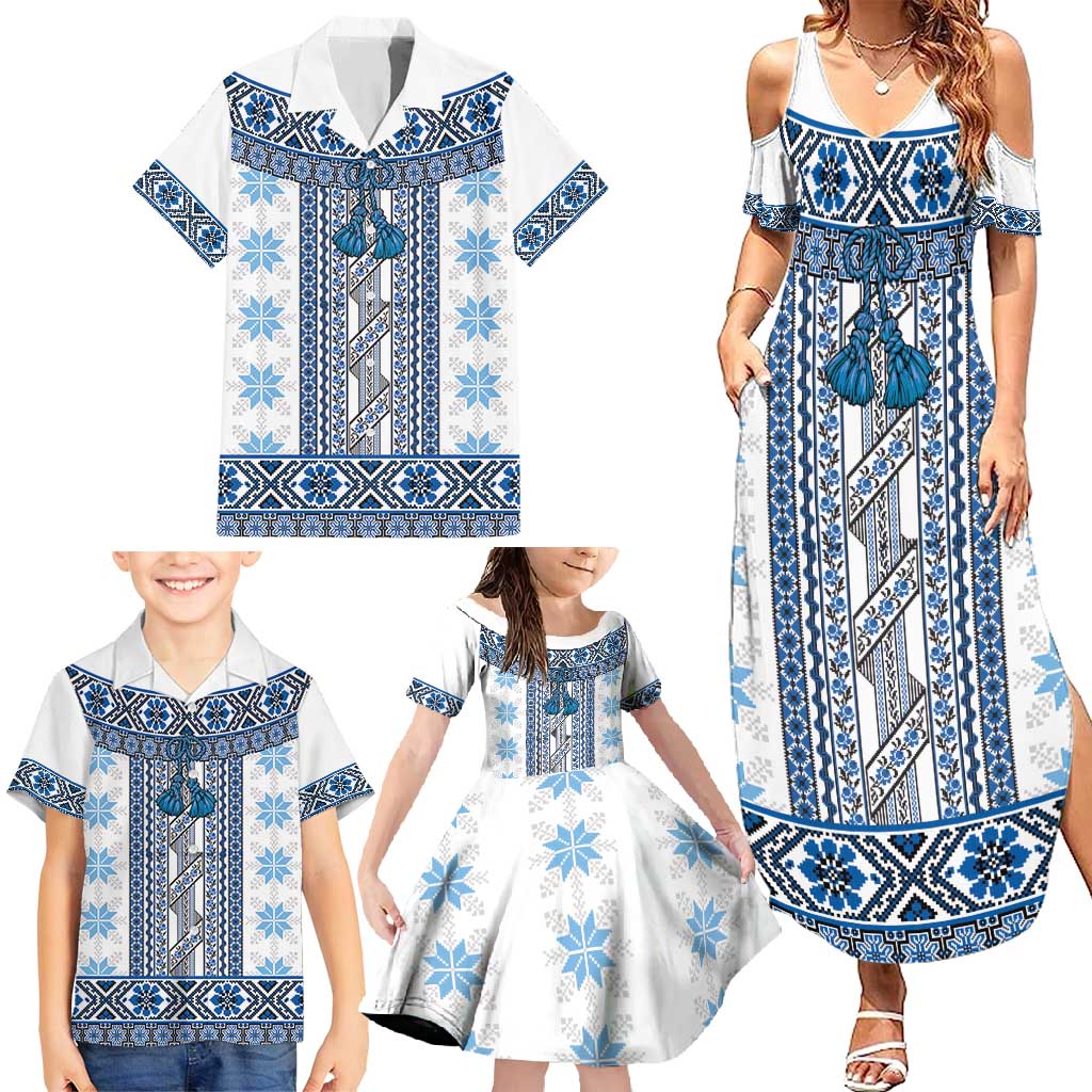 Ukraine Family Matching Summer Maxi Dress and Hawaiian Shirt Traditional Braided Rope Belt Blue Folk Pattern