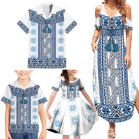 Ukraine Family Matching Summer Maxi Dress and Hawaiian Shirt Traditional Braided Rope Belt Blue Folk Pattern
