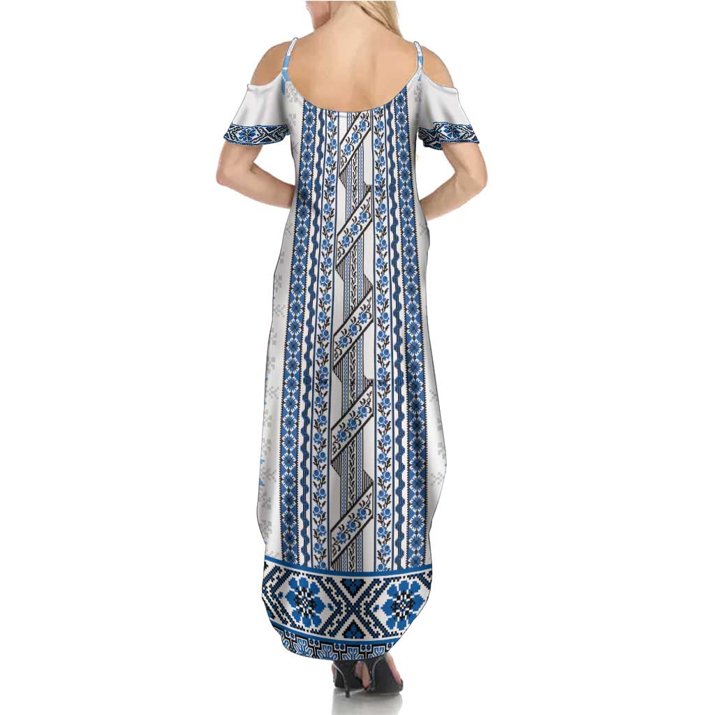 Ukraine Family Matching Summer Maxi Dress and Hawaiian Shirt Traditional Braided Rope Belt Blue Folk Pattern