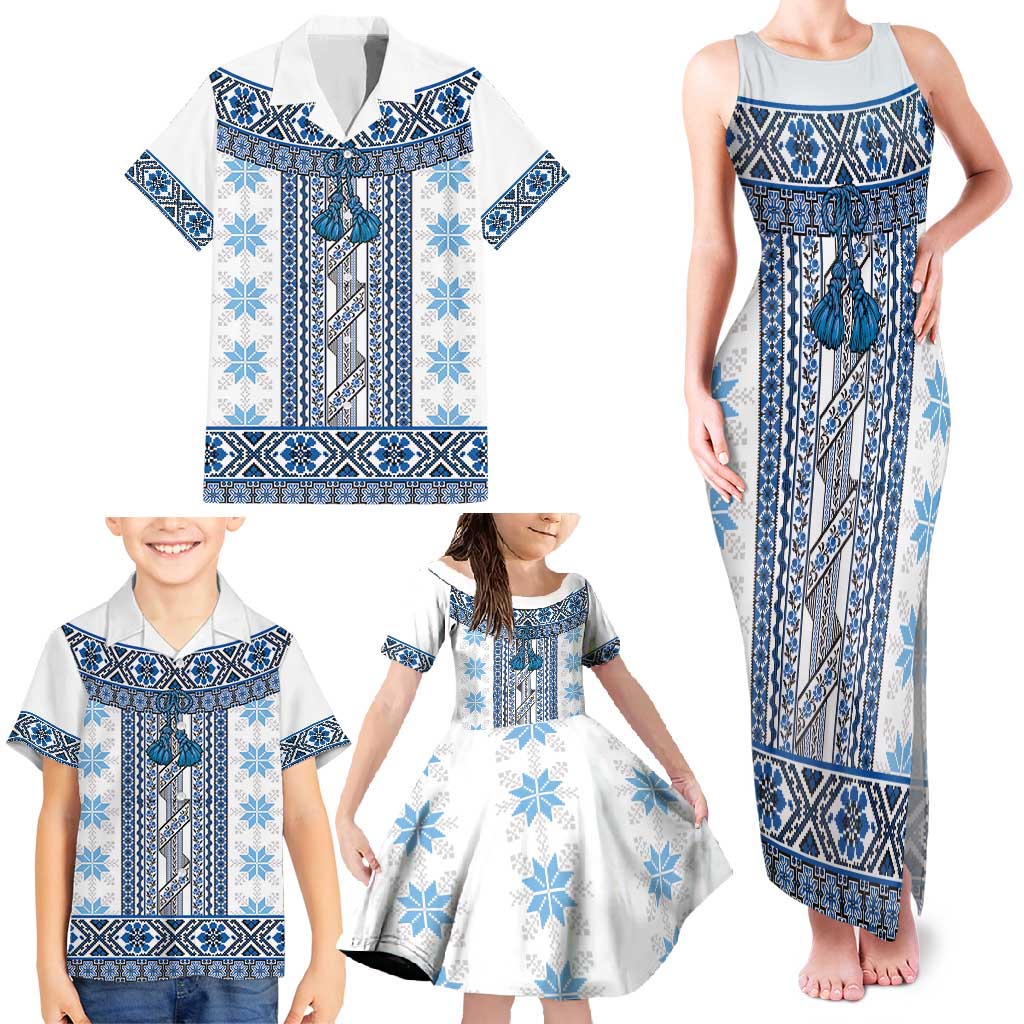 Ukraine Family Matching Tank Maxi Dress and Hawaiian Shirt Traditional Braided Rope Belt Blue Folk Pattern