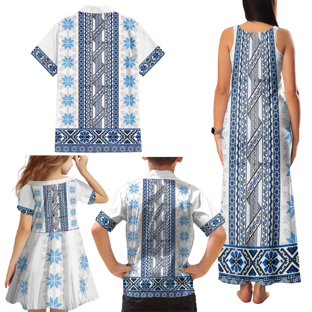 Ukraine Family Matching Tank Maxi Dress and Hawaiian Shirt Traditional Braided Rope Belt Blue Folk Pattern