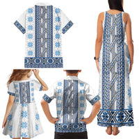 Ukraine Family Matching Tank Maxi Dress and Hawaiian Shirt Traditional Braided Rope Belt Blue Folk Pattern