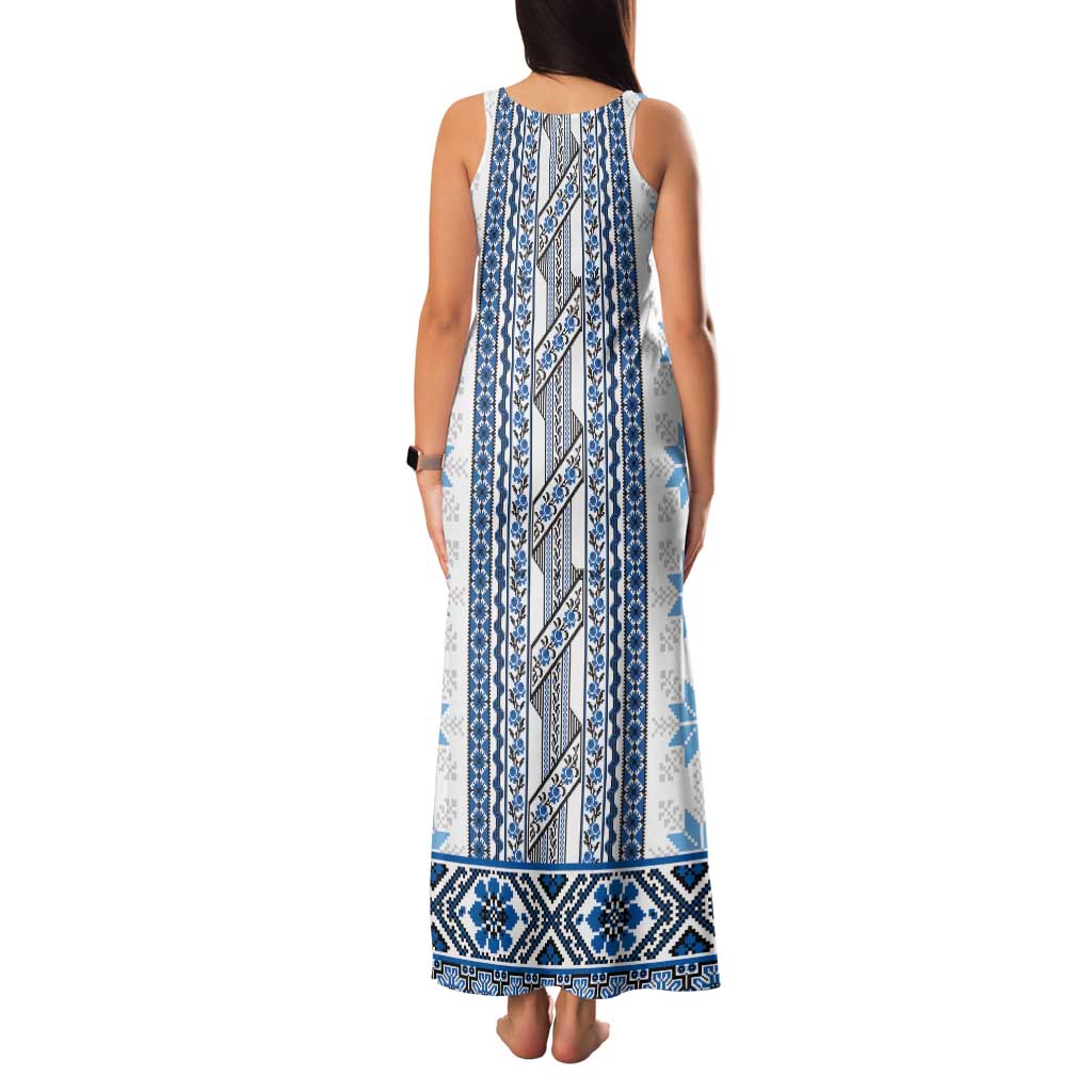 Ukraine Family Matching Tank Maxi Dress and Hawaiian Shirt Traditional Braided Rope Belt Blue Folk Pattern