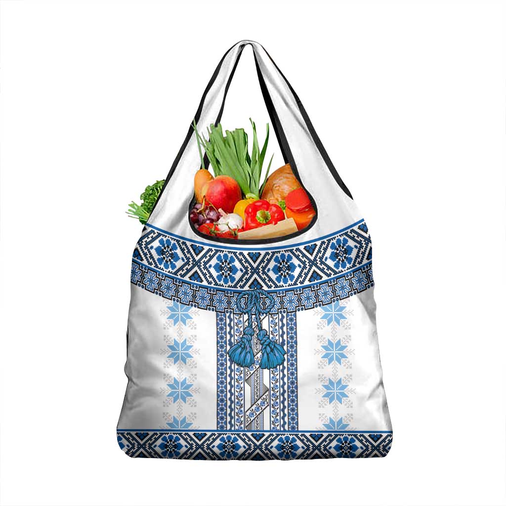 Ukraine Grocery Bag Traditional Braided Rope Belt Blue Folk Pattern