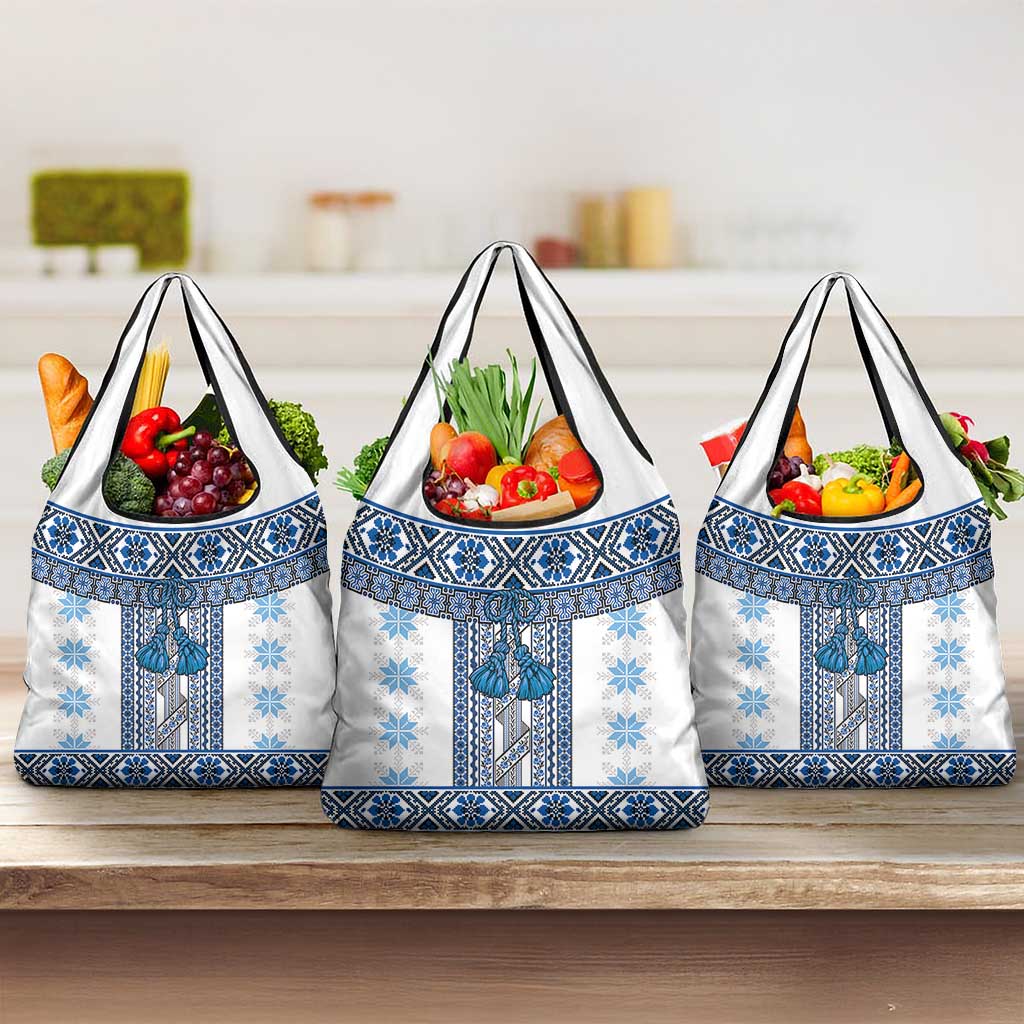 Ukraine Grocery Bag Traditional Braided Rope Belt Blue Folk Pattern