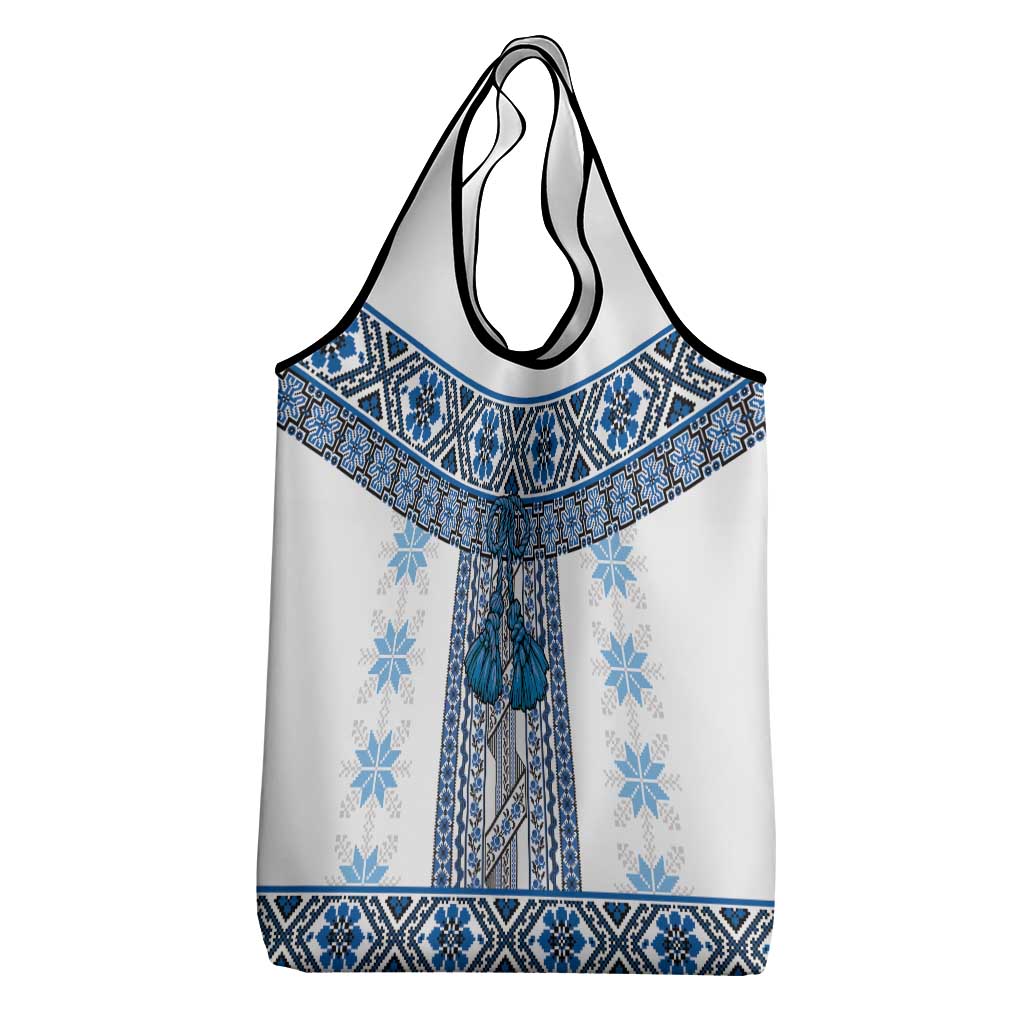 Ukraine Grocery Bag Traditional Braided Rope Belt Blue Folk Pattern