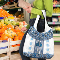Ukraine Grocery Bag Traditional Braided Rope Belt Blue Folk Pattern