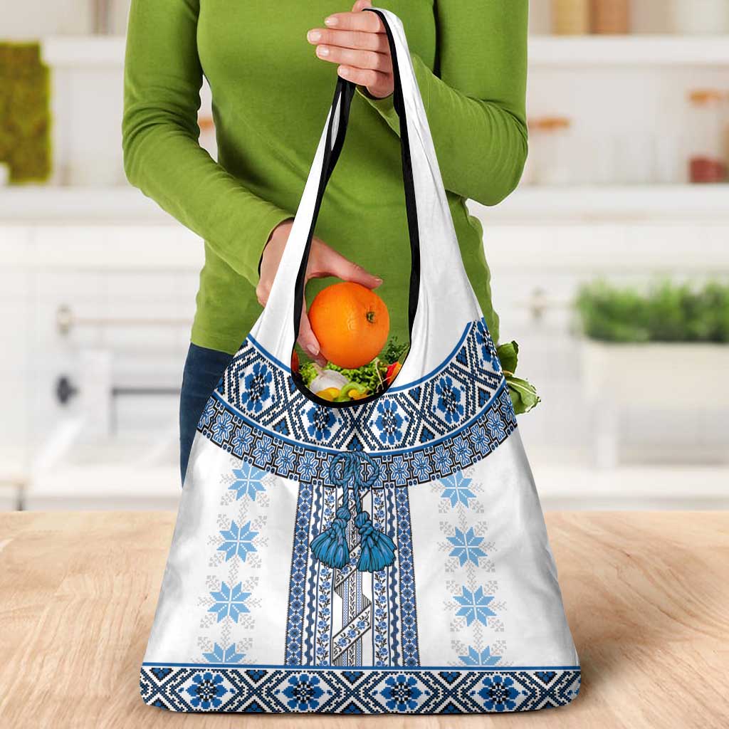Ukraine Grocery Bag Traditional Braided Rope Belt Blue Folk Pattern