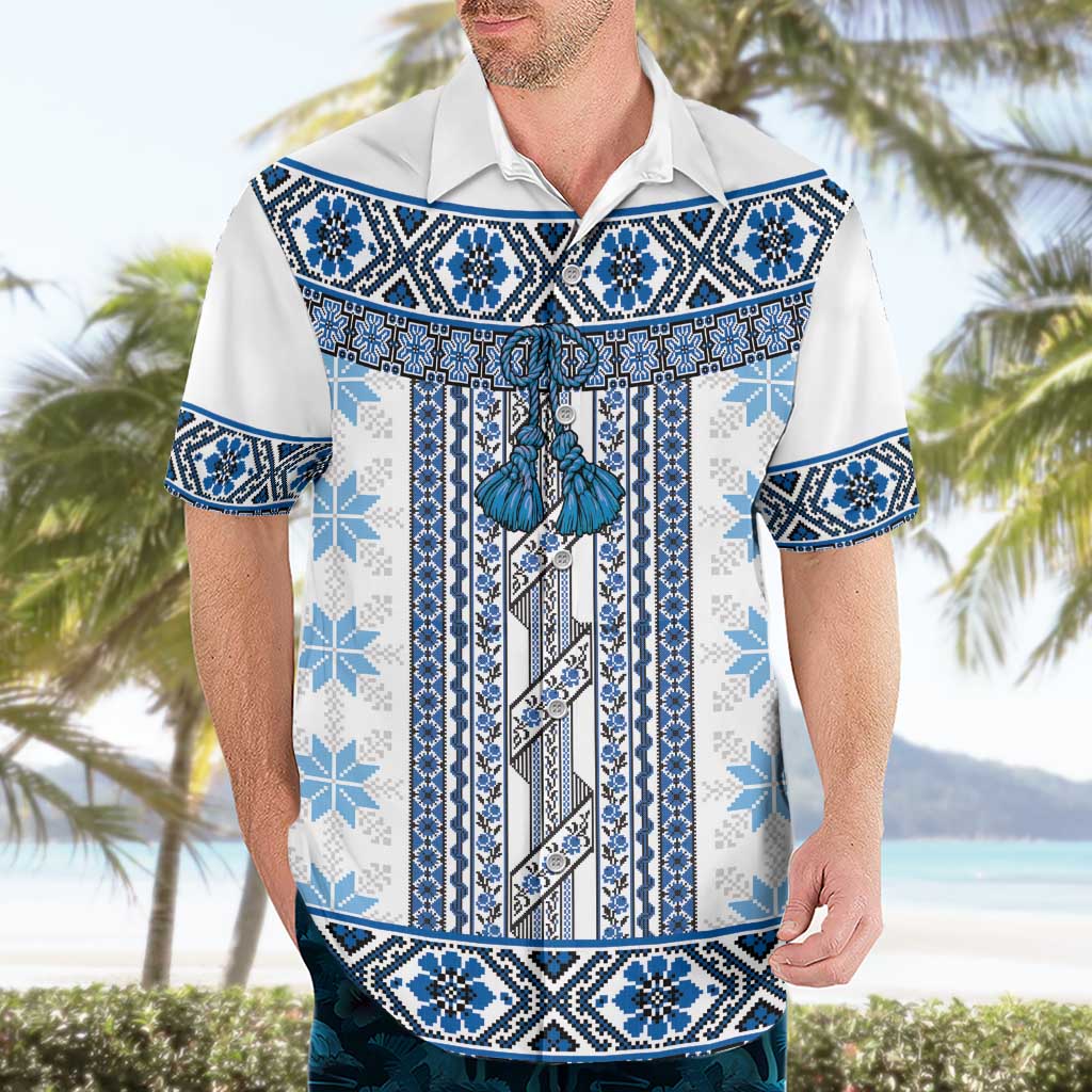 Ukraine Hawaiian Shirt Traditional Braided Rope Belt Blue Folk Pattern