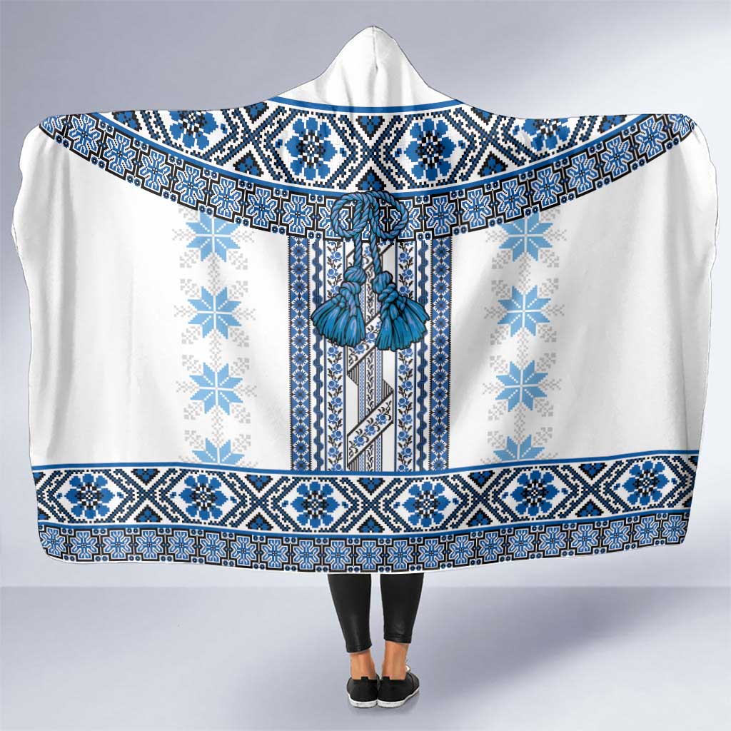 Ukraine Hooded Blanket Traditional Braided Rope Belt Blue Folk Pattern