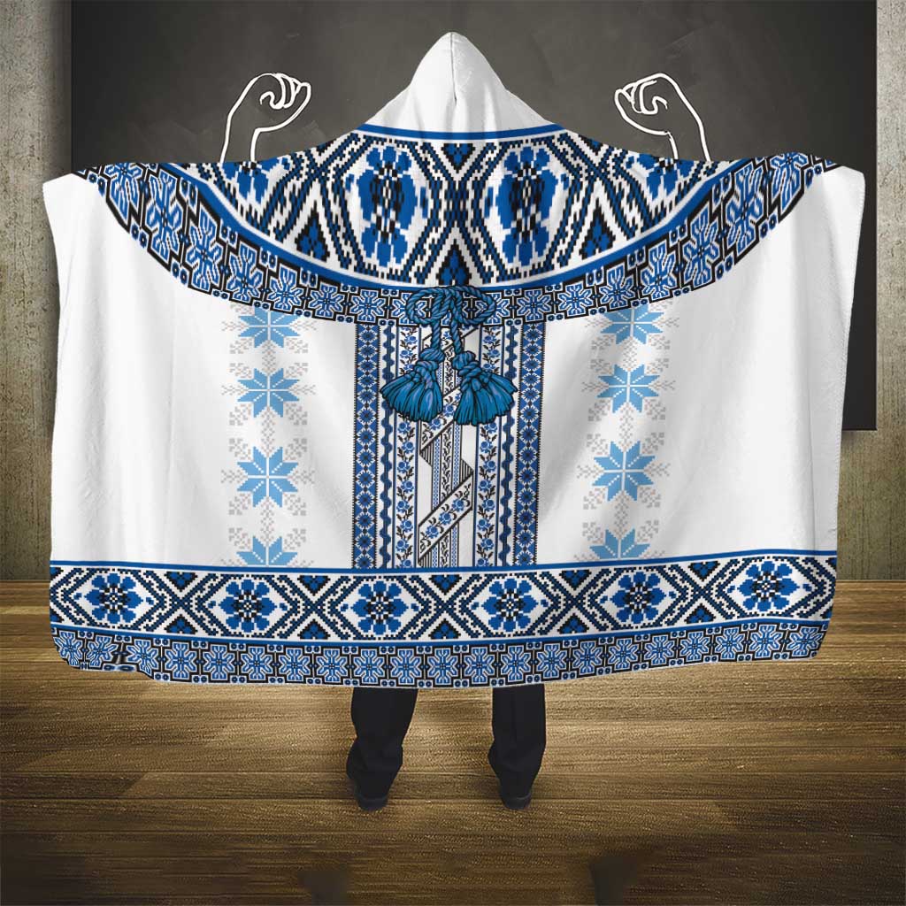 Ukraine Hooded Blanket Traditional Braided Rope Belt Blue Folk Pattern