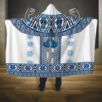 Ukraine Hooded Blanket Traditional Braided Rope Belt Blue Folk Pattern