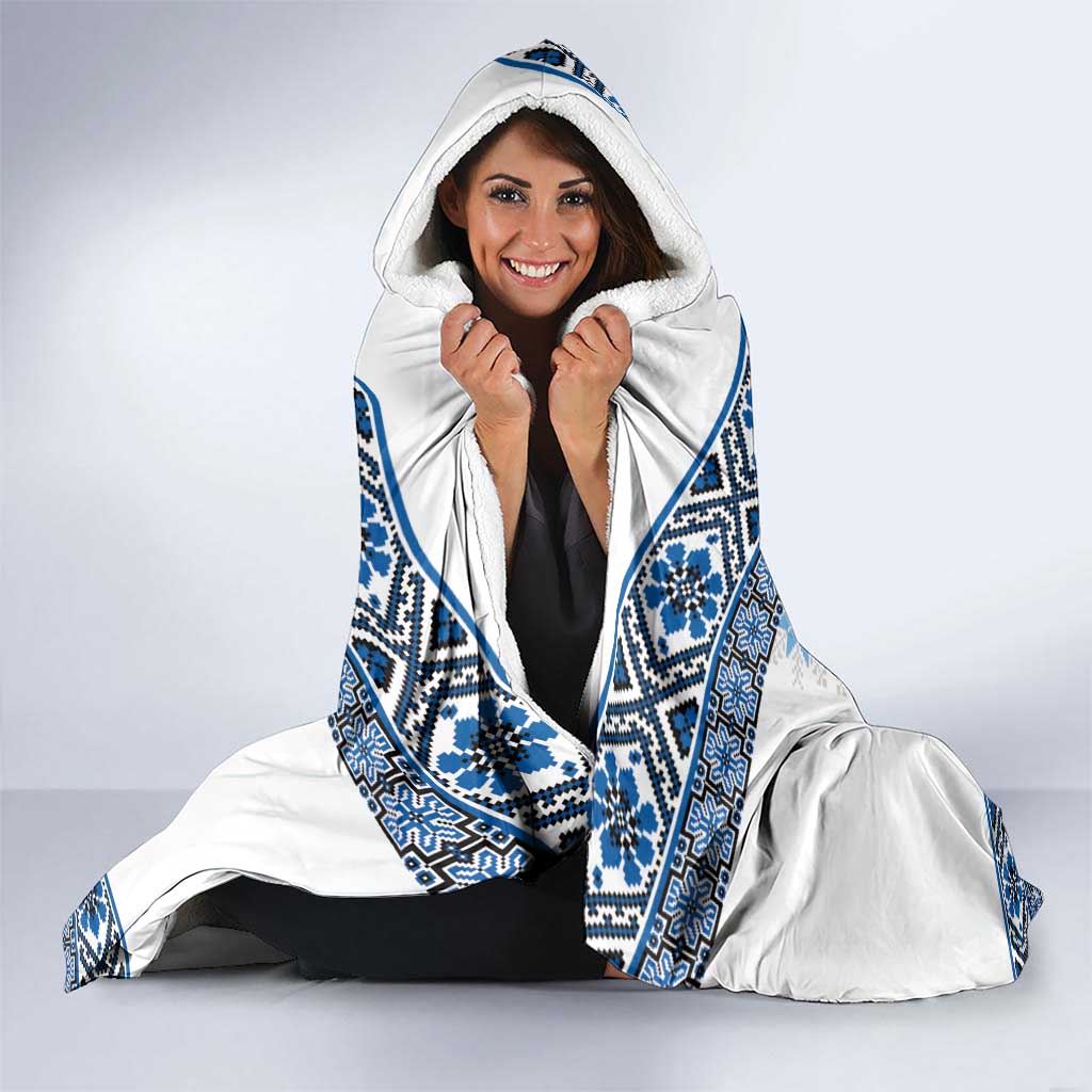 Ukraine Hooded Blanket Traditional Braided Rope Belt Blue Folk Pattern