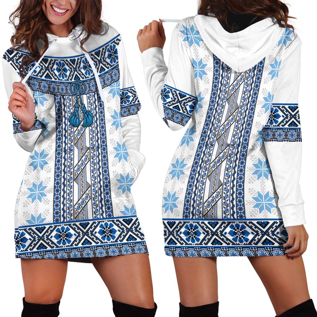 Ukraine Hoodie Dress Traditional Braided Rope Belt Blue Folk Pattern