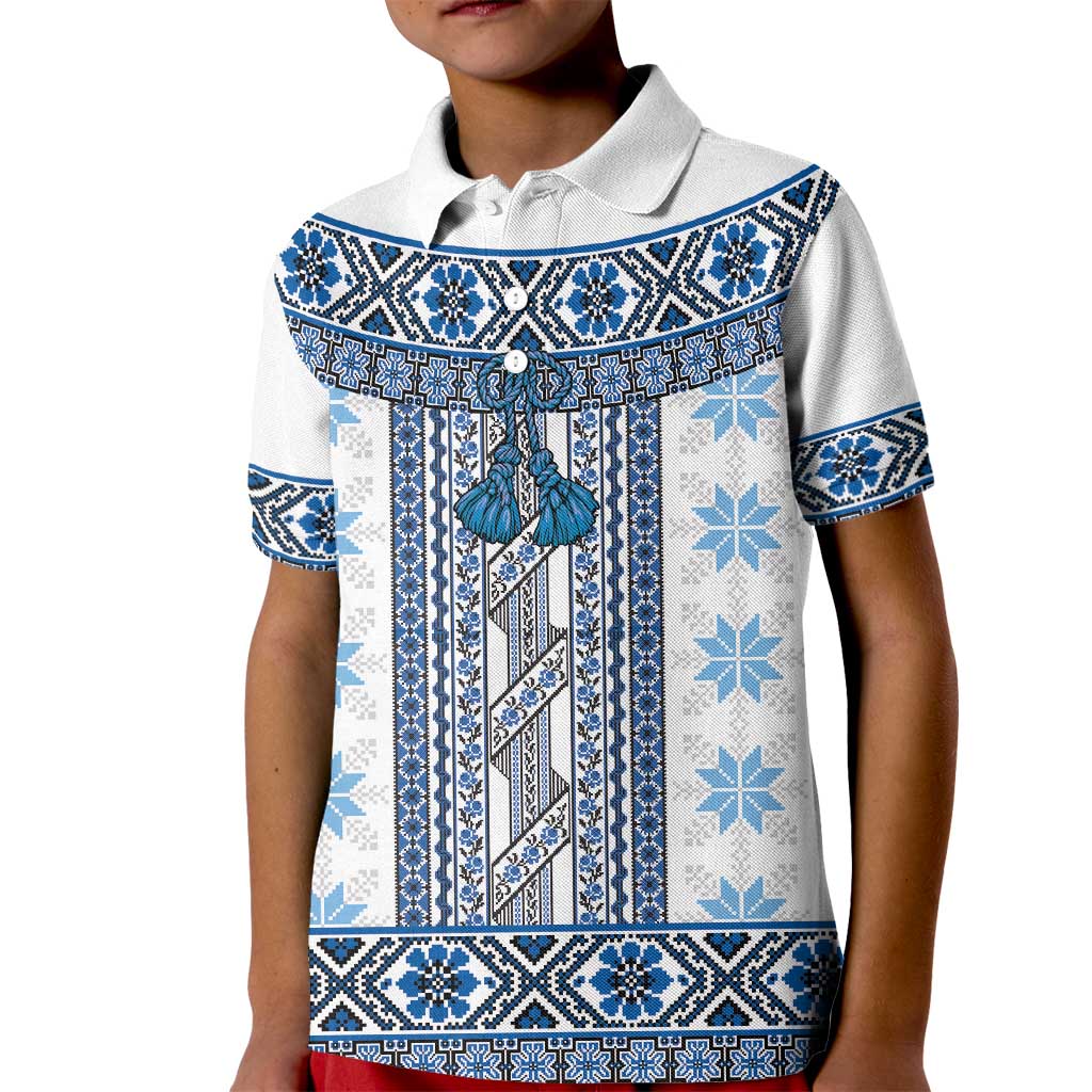 Ukraine Kid Polo Shirt Traditional Braided Rope Belt Blue Folk Pattern