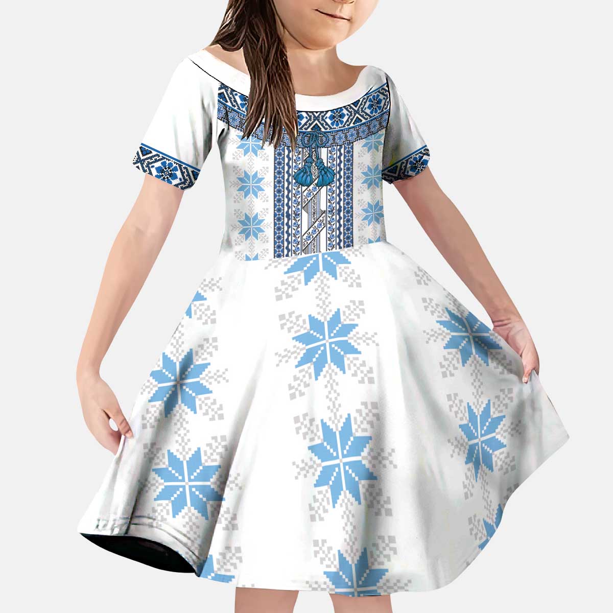Ukraine Kid Short Sleeve Dress Traditional Braided Rope Belt Blue Folk Pattern