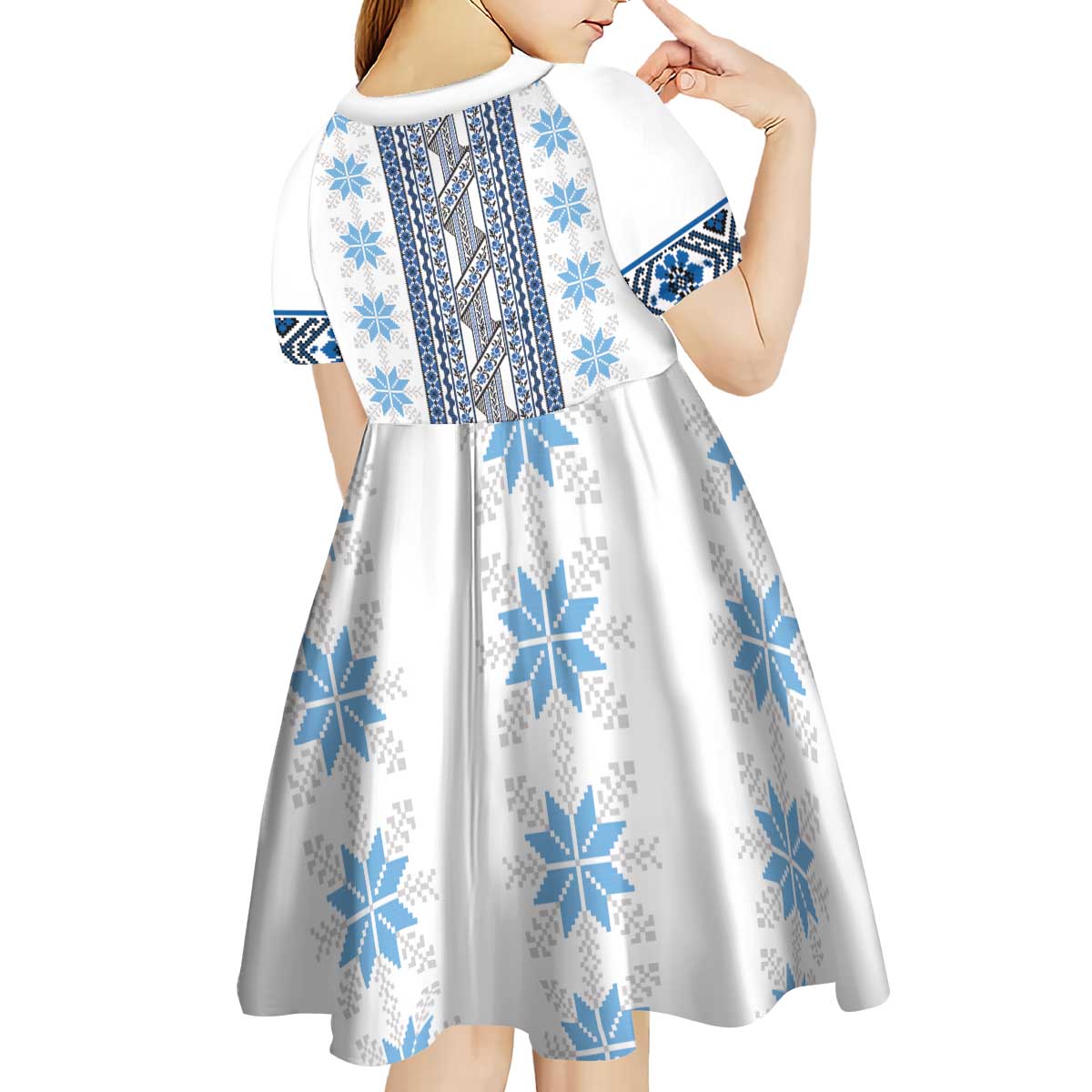 Ukraine Kid Short Sleeve Dress Traditional Braided Rope Belt Blue Folk Pattern