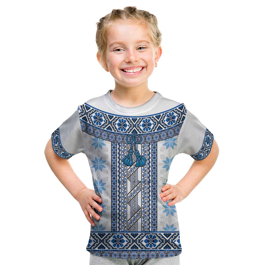 Ukraine Kid T Shirt Traditional Braided Rope Belt Blue Folk Pattern