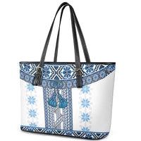 Ukraine Leather Tote Bag Traditional Braided Rope Belt Blue Folk Pattern