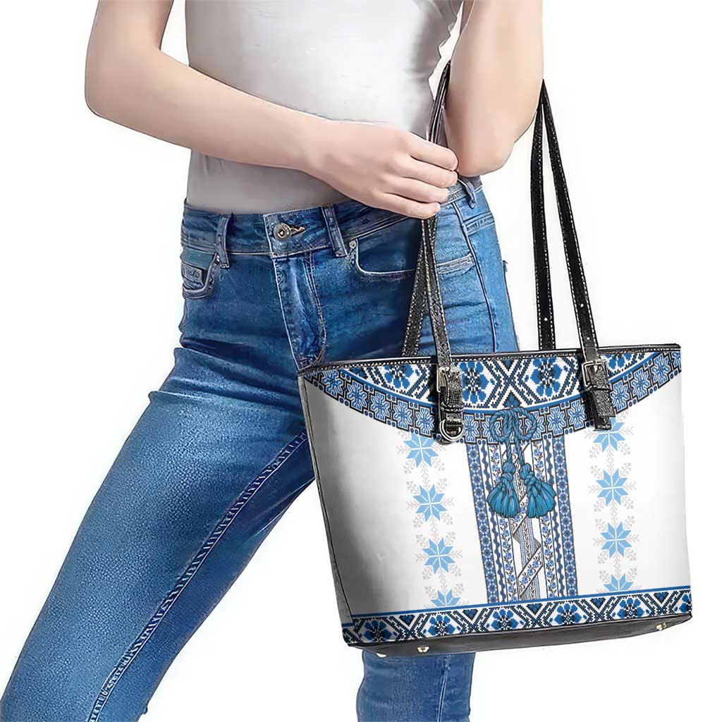 Ukraine Leather Tote Bag Traditional Braided Rope Belt Blue Folk Pattern