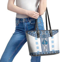 Ukraine Leather Tote Bag Traditional Braided Rope Belt Blue Folk Pattern