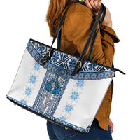 Ukraine Leather Tote Bag Traditional Braided Rope Belt Blue Folk Pattern