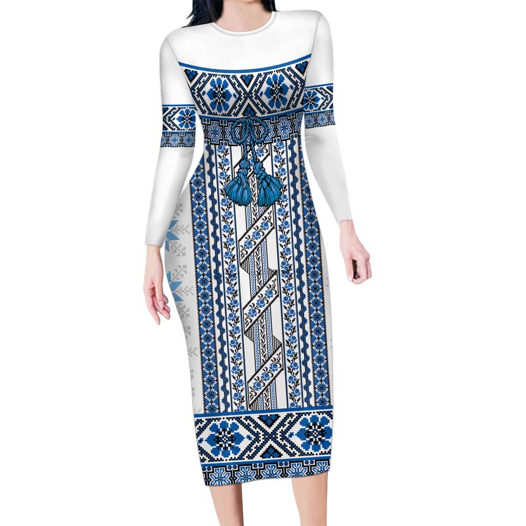 Ukraine Long Sleeve Bodycon Dress Traditional Braided Rope Belt Blue Folk Pattern